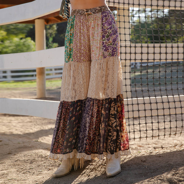 Boho Patchwork Print Tiered Lace Flare Pants (Wide Legs) 