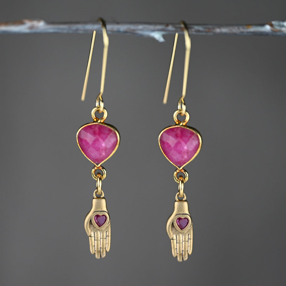 Dyed Ruby Beryl w’ Hand Heart Drop Earrings