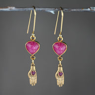 Dyed Ruby Beryl w’ Hand Heart Drop Earrings