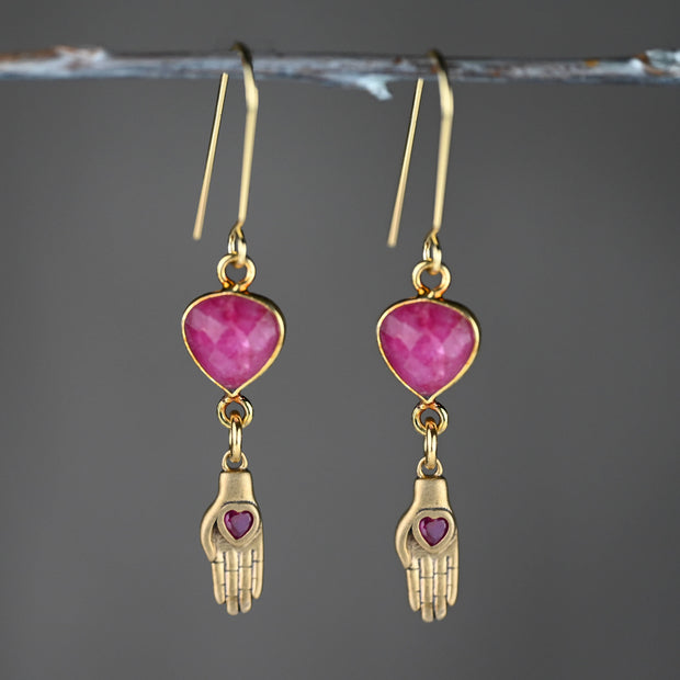 Dyed Ruby Beryl w’ Hand Heart Drop Earrings