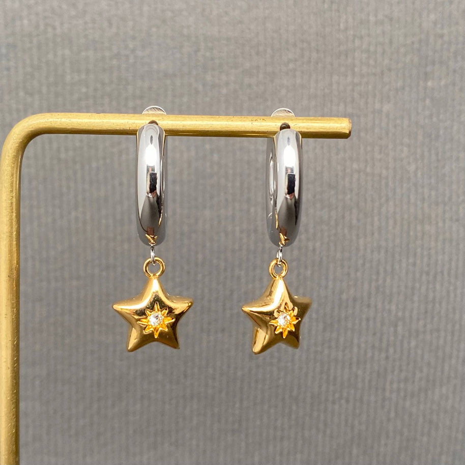 CZ Inlaid Star 18K GP S. Steel Huggie Earrings