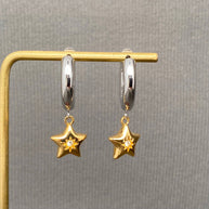CZ Inlaid Star 18K GP S. Steel Huggie Earrings