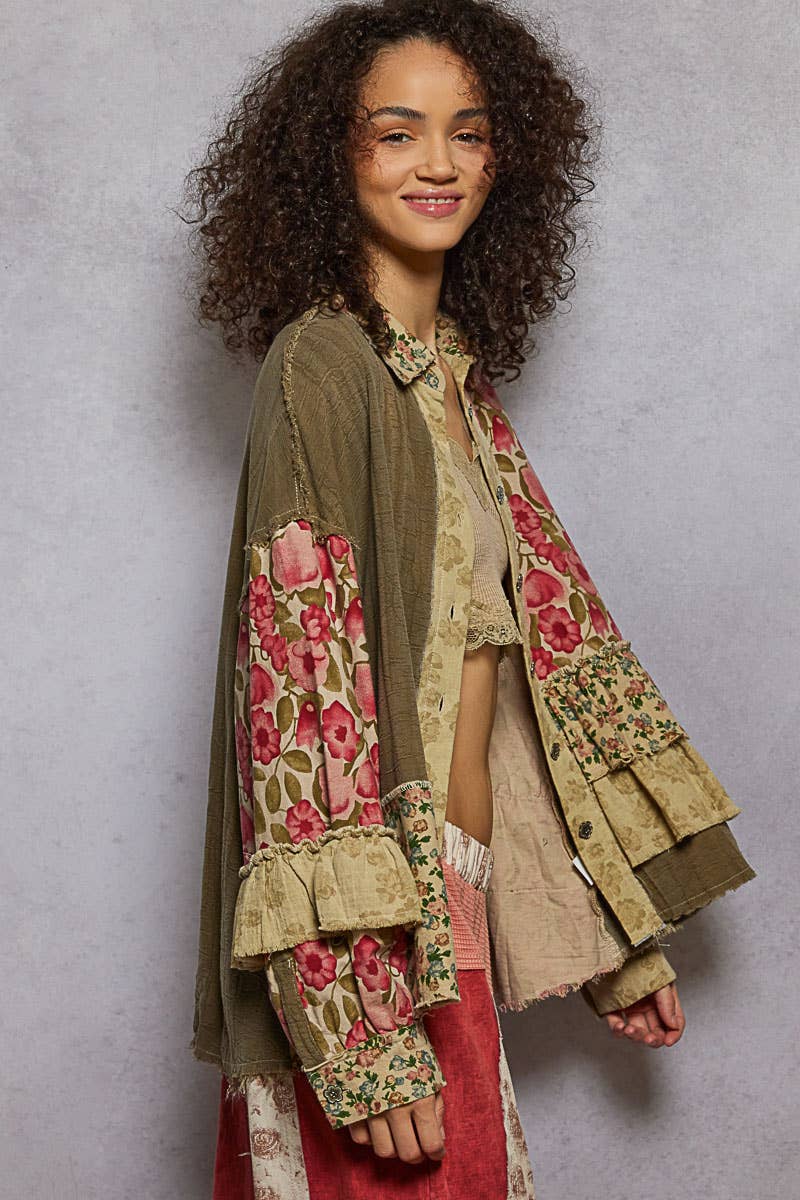 Double Gauze Patchwork Ruffle Shirt