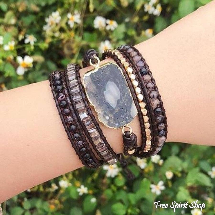 Natural Black Ocean Agate Beaded Wrap Bracelet