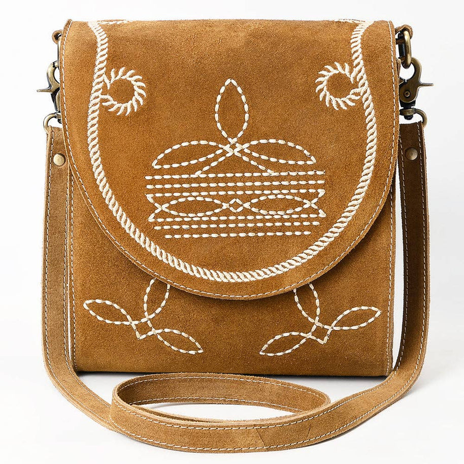 Western Flap Crossbody Bag with White Rope & Floral Stitch