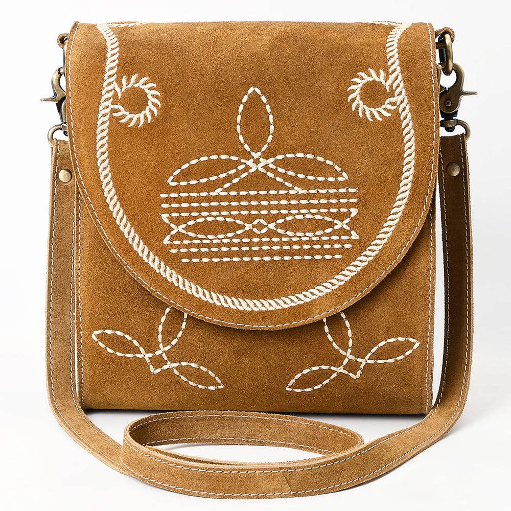 Western Flap Crossbody Bag with White Rope & Floral Stitch