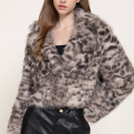 Long Sleeve Notched Collar Printed Faux Fur Jacket