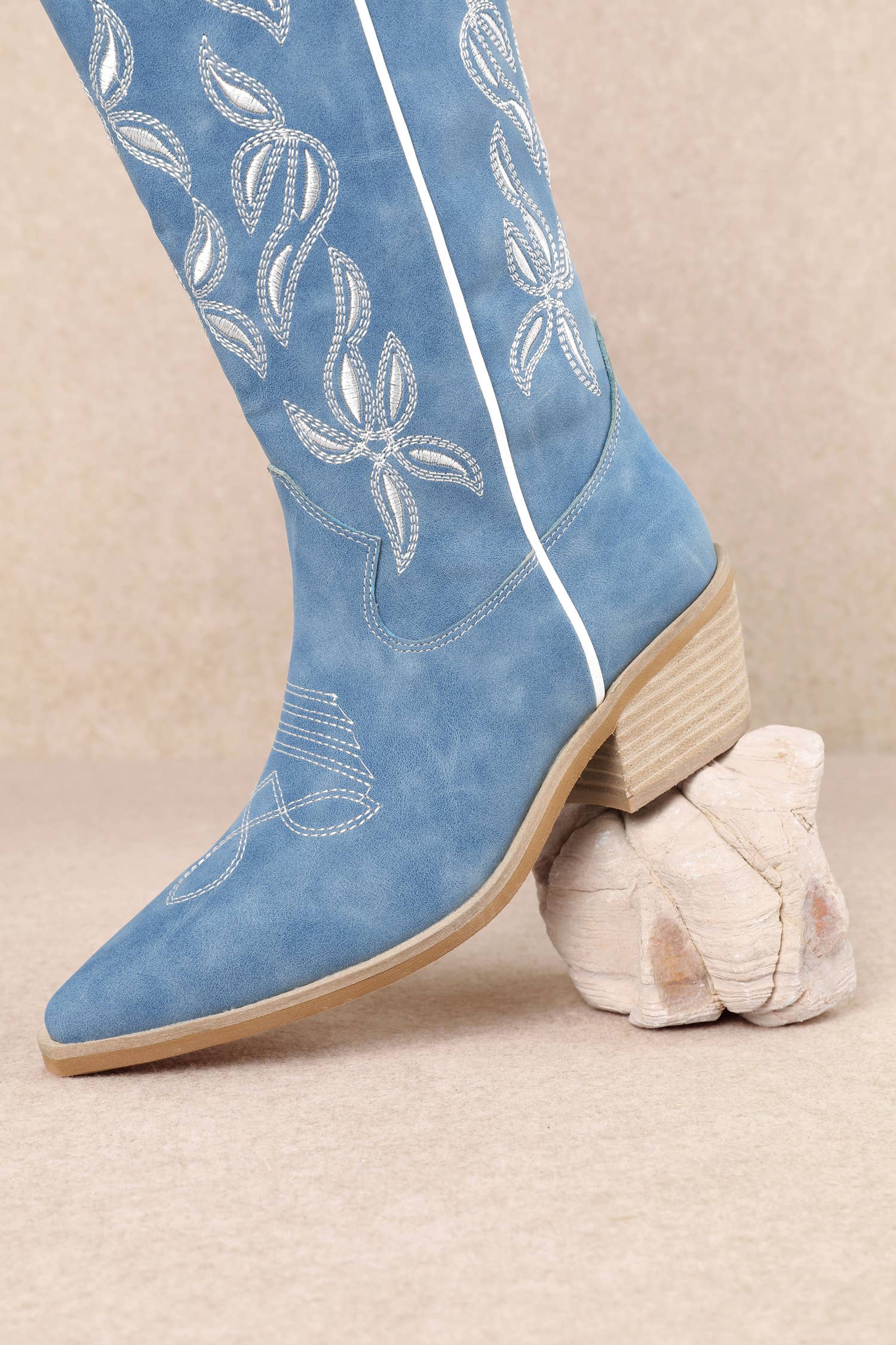 Blue White Leaves Cowboy Boots