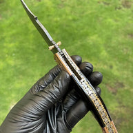Custom Handmade Damascus Blade EDC Folding Pocket Knife with Color Bone Handle & Brass Engraved Bolster - Includes Leather Sheath