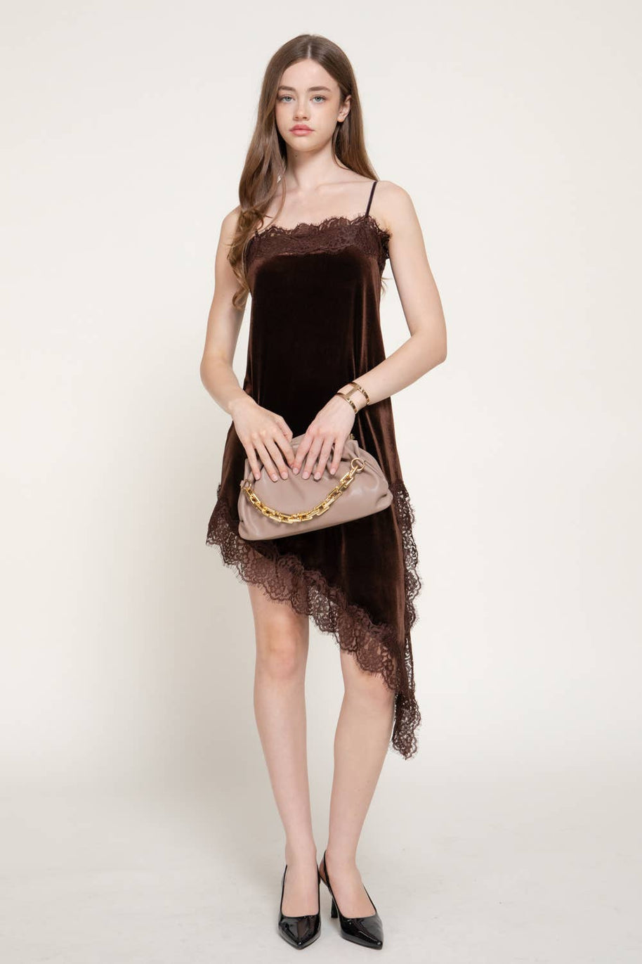 Straight Neck Lace Trim Asymmetrical Velvet Mini Dress