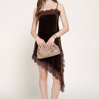 Straight Neck Lace Trim Asymmetrical Velvet Mini Dress