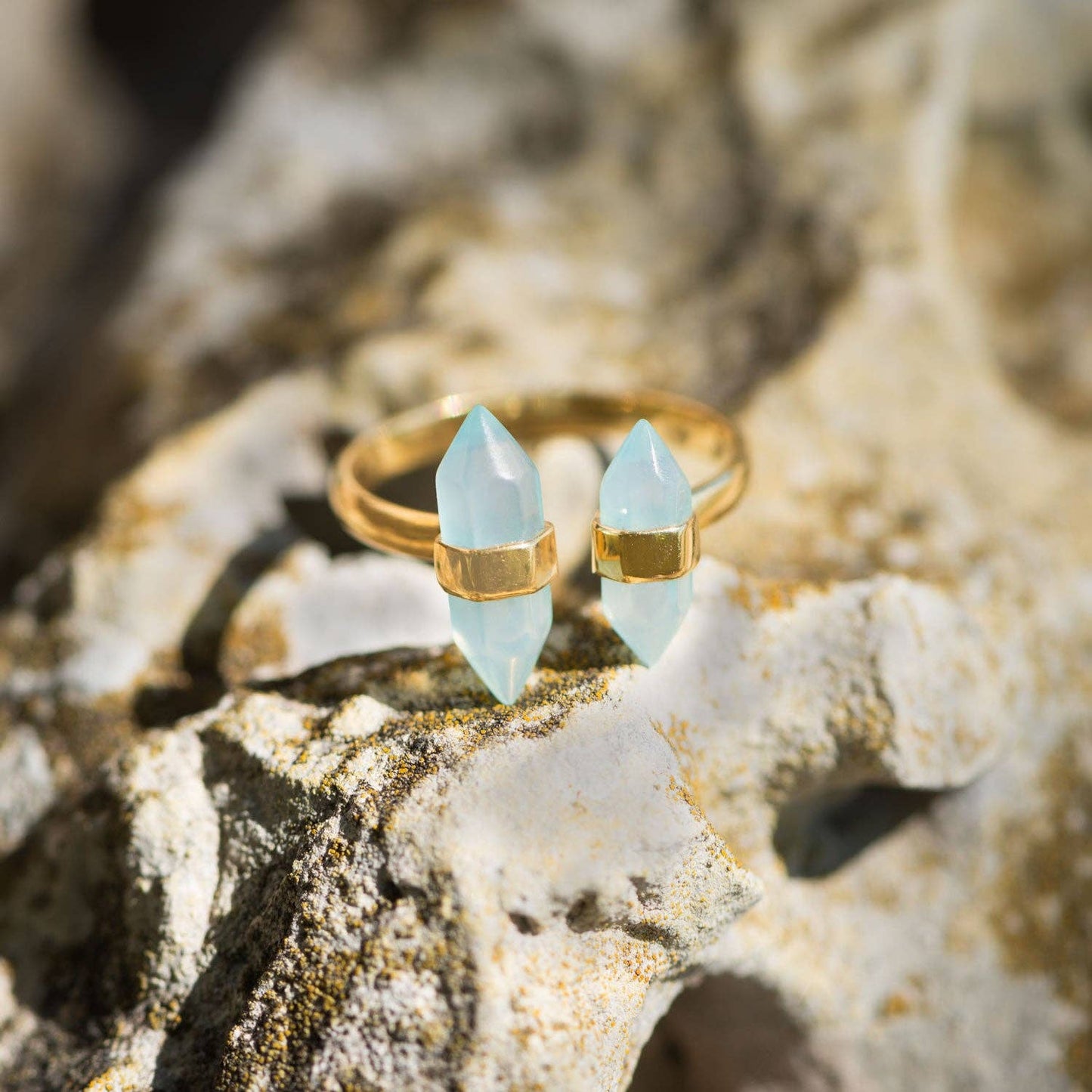 14K Gold Plated Sterling Pencil Cut Aqua Chalcedony Ring