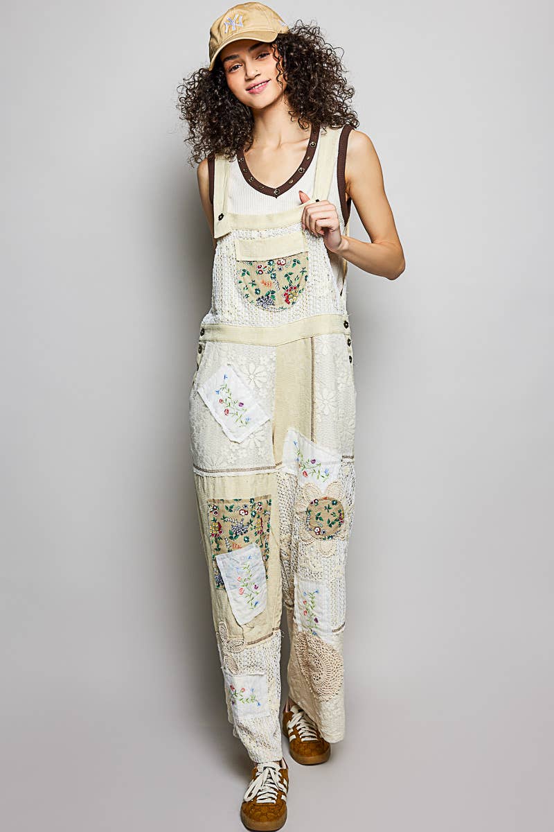 Floral Patchwork Woven Overalls