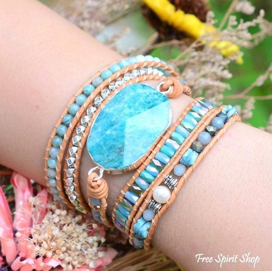 Natural Calming Amazonite Bead Wrap Bracelet, Boho Jewelry