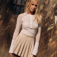 Lace Raglan-Sleeve Henley Top, White