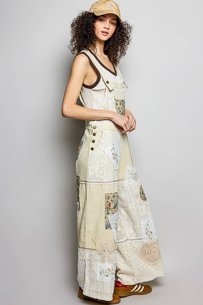 Floral Patchwork Woven Overalls