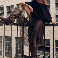 Lace Curved-Hem Midi Skirt, Black