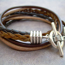 Four Strand Double Wrap Leather Bracelet, Toggle clasp