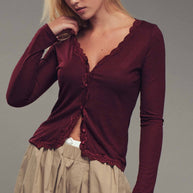 Lace Trim Button-Front Ribbed Knit Top