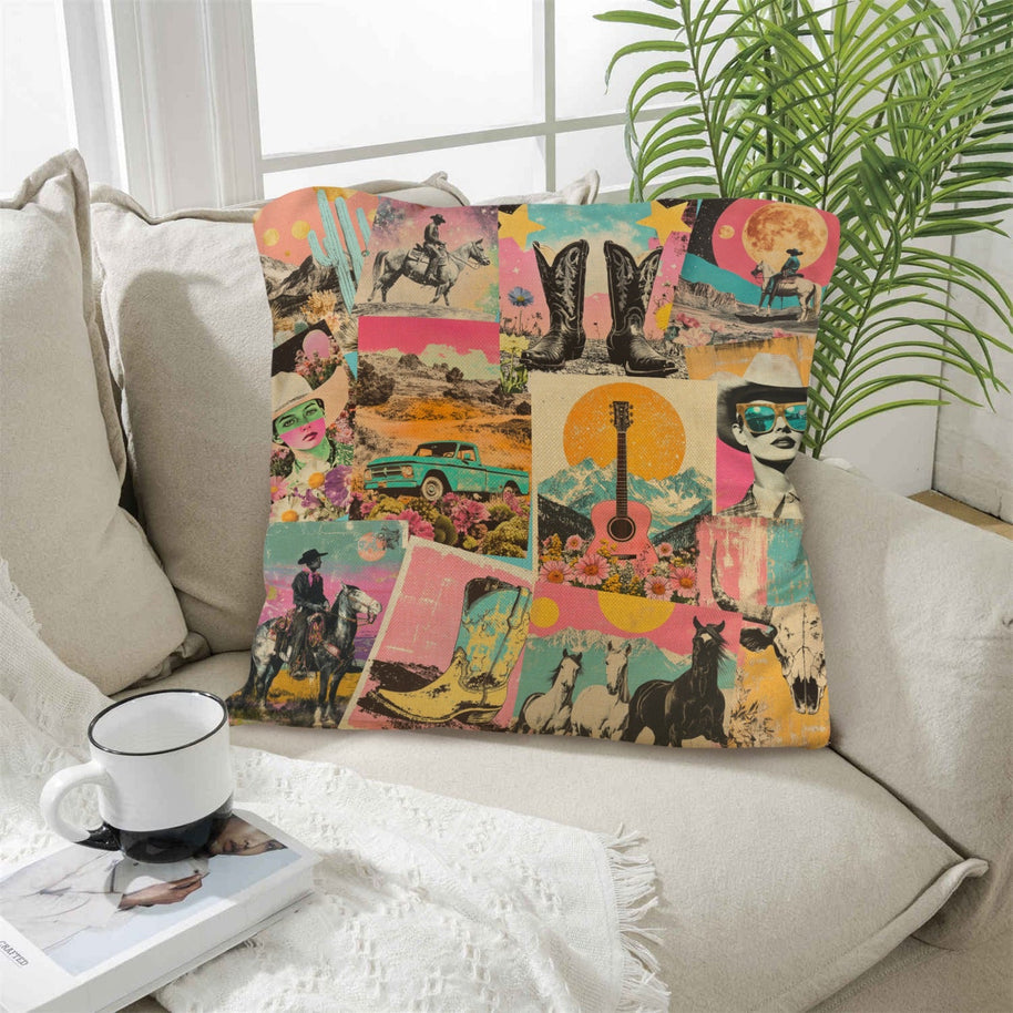 Baha Ranch Retro Pop Western Collage Pillow Case Made in America