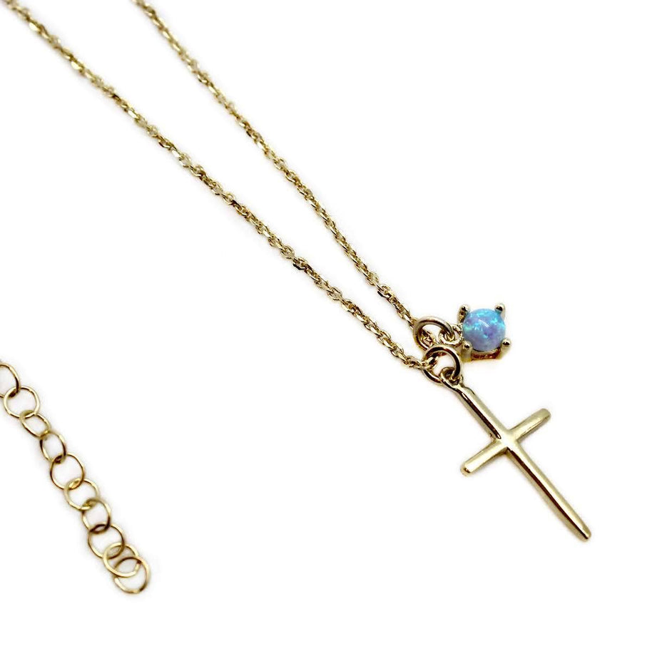 Gold Plated Sterling Silver cross necklace with Opal dangle charm