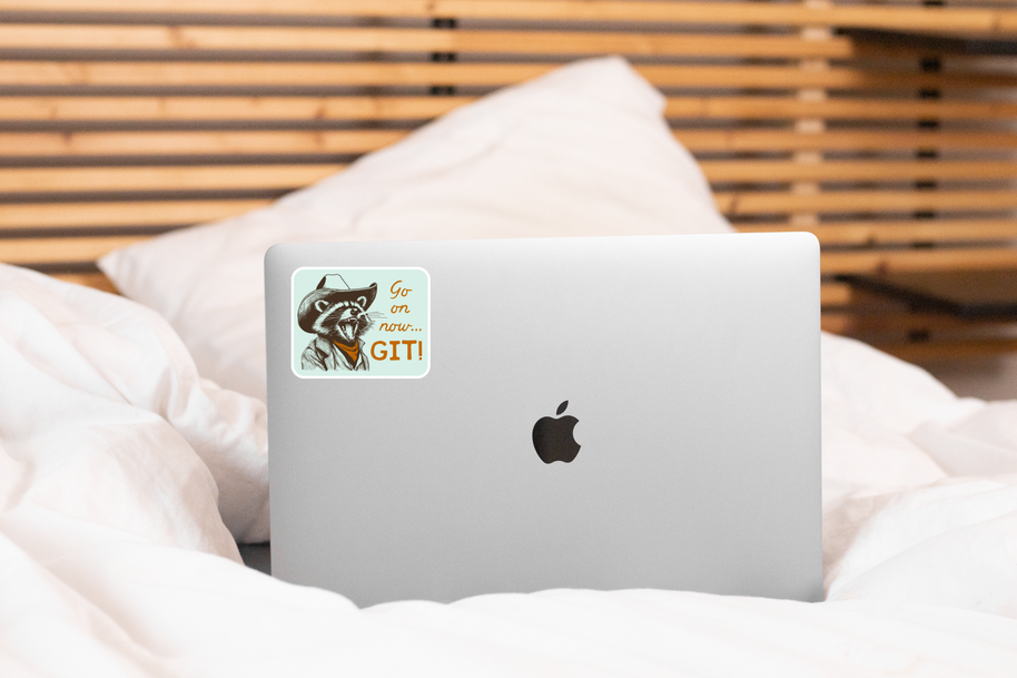 Go on now...GIT! Raccoon Cowboy Sticker