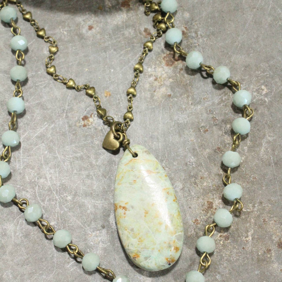 Double Layered Stone & Bronze Heart Drop Necklace