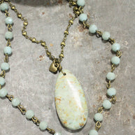 Double Layered Stone & Bronze Heart Drop Necklace