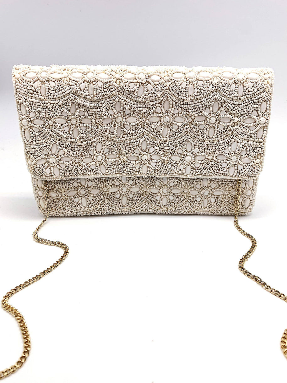 Cream Floral Beaded Clutch