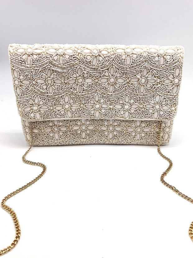 Cream Floral Beaded Clutch