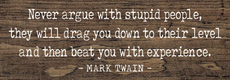 Never argue with stupid people  - Funny Wood Mark Twain Sign