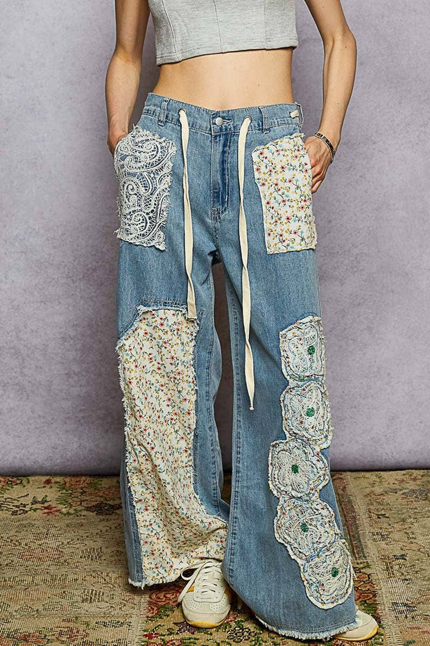 Drawstring Floral Patch Jeans
