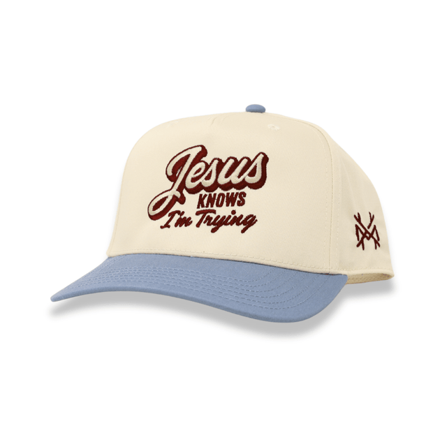 Jesus Knows I'm Trying Trucker Hat, Blue