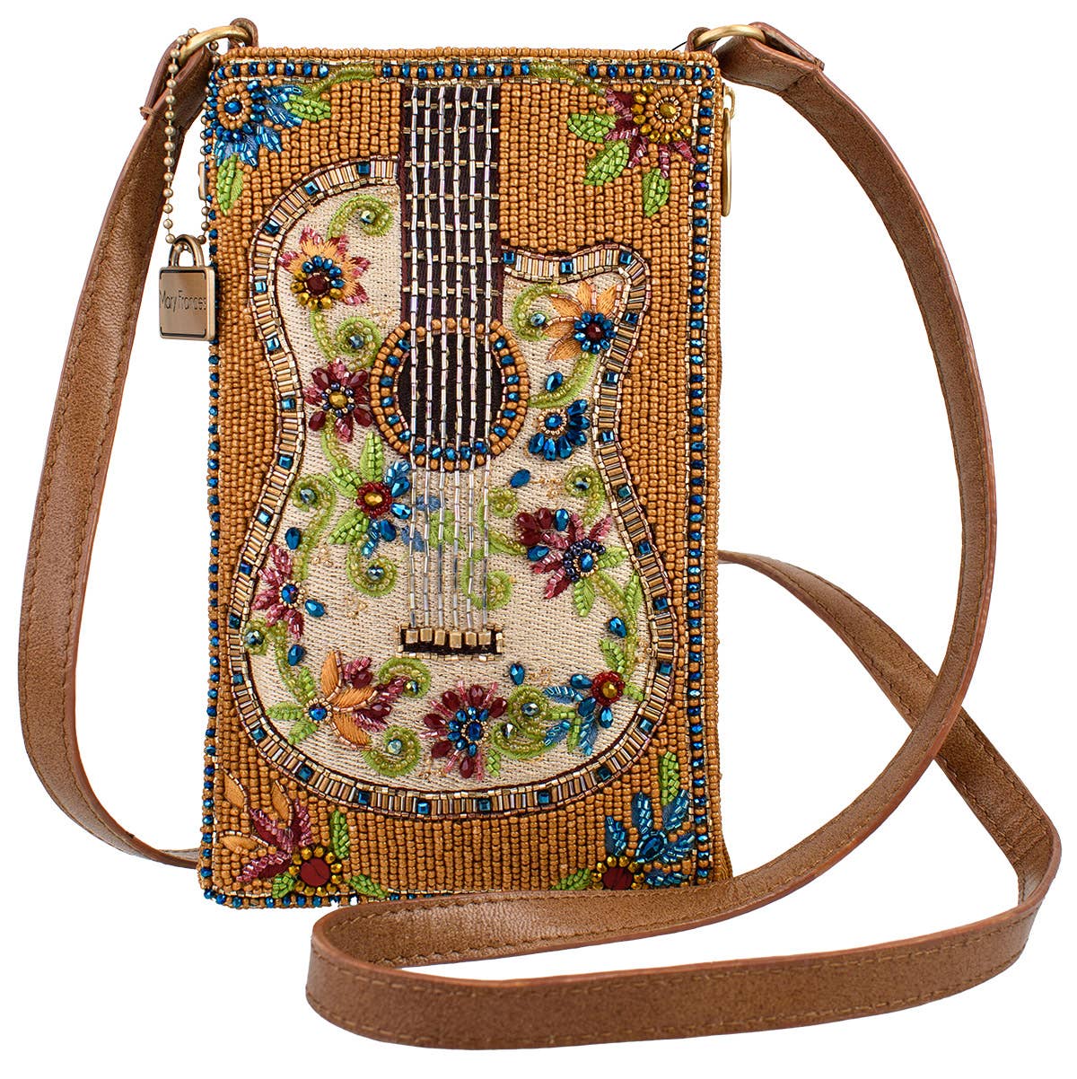Ivory Guitar with Flowers Beaded Crossbody
