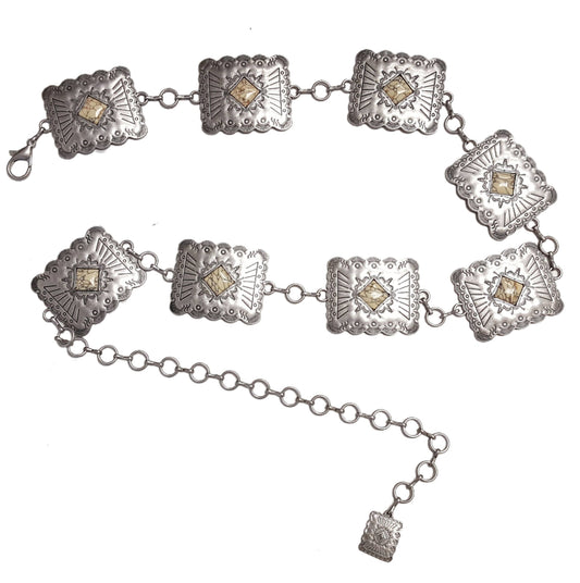 Western Silver Rectangular Concho Chain belt with stones