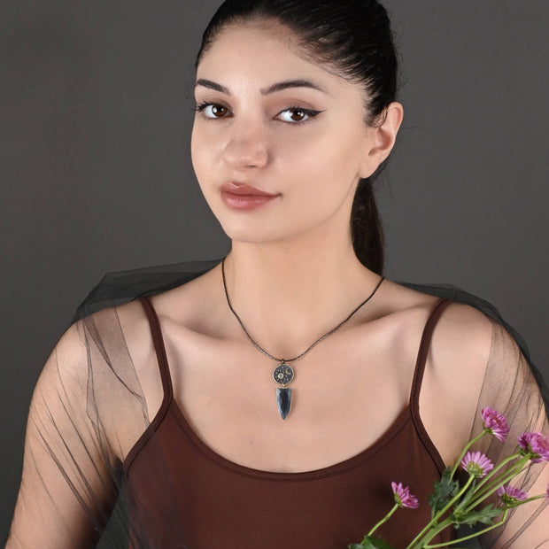 Moon and Star w/ Charcoal Glass Drop Necklace