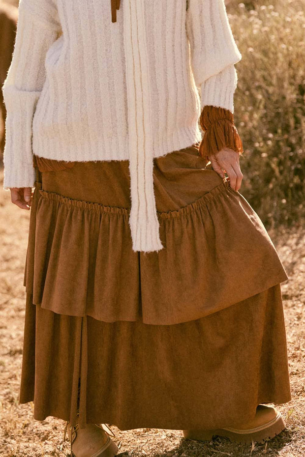 Faux Suede Tiered Maxi Skirt