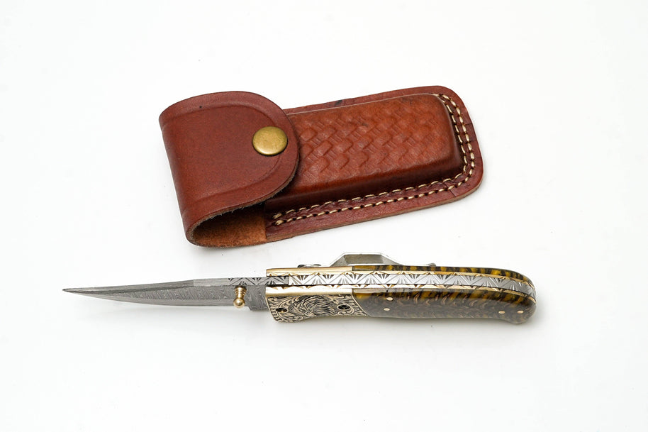Damascus Pocket Knife, Engraved Eagle Bolster & Amber Pine Cone Handle