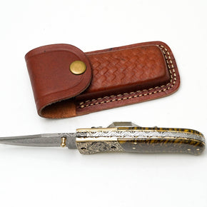 Damascus Pocket Knife, Engraved Eagle Bolster & Amber Pine Cone Handle