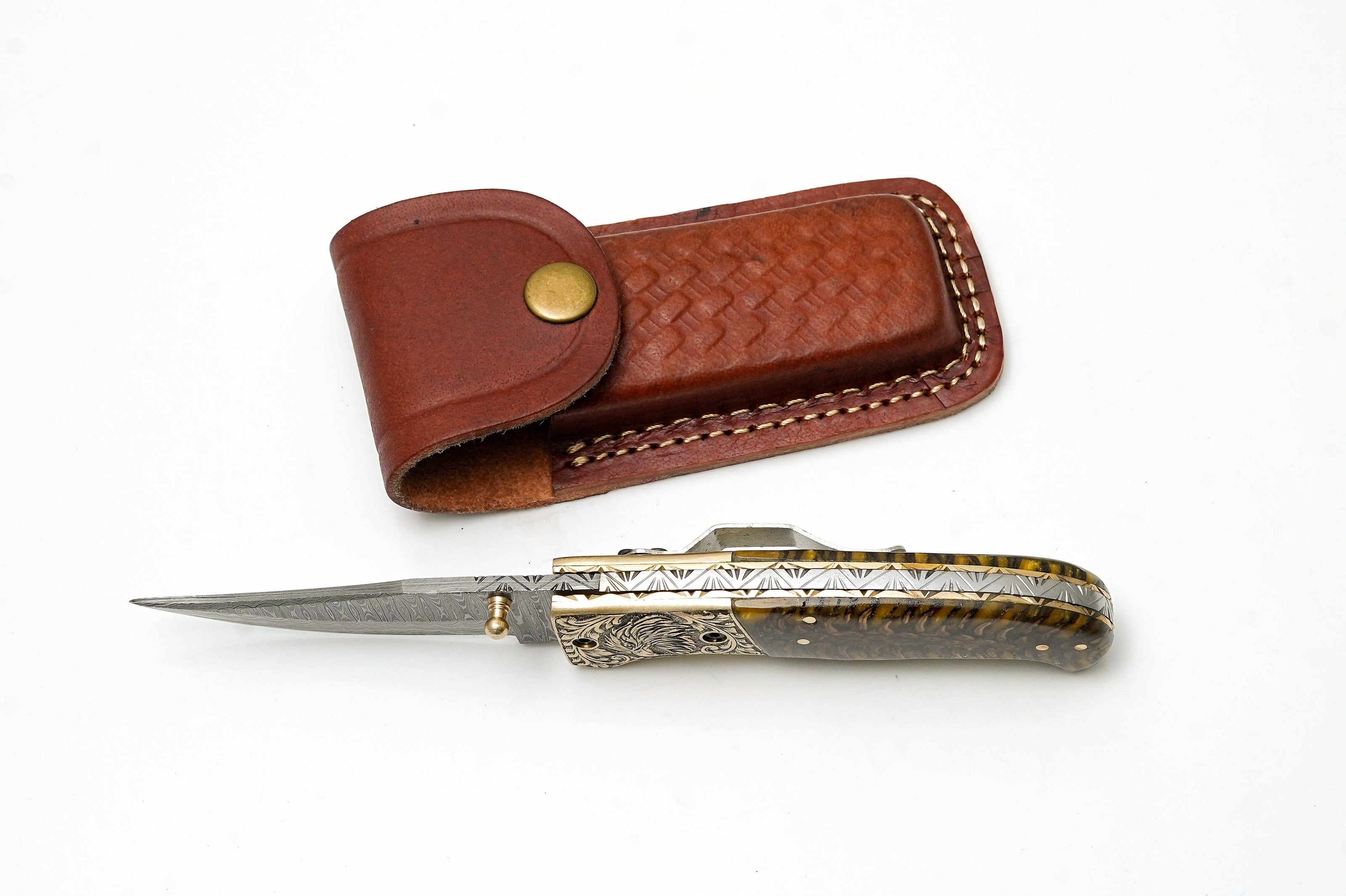 Damascus Pocket Knife, Engraved Eagle Bolster & Amber Pine Cone Handle