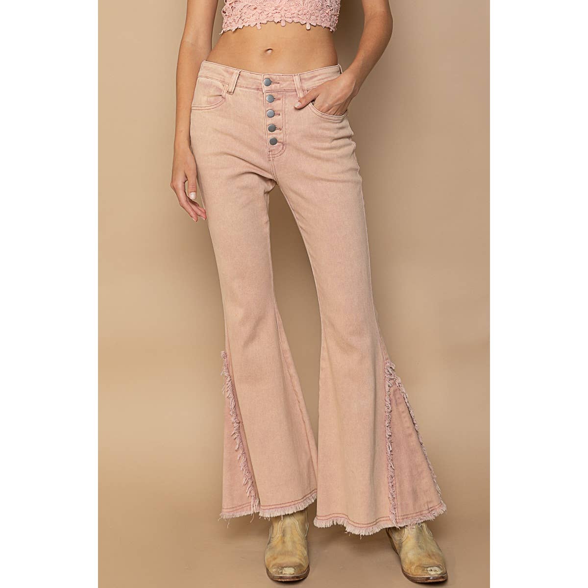 Frayed edge twill flare pants