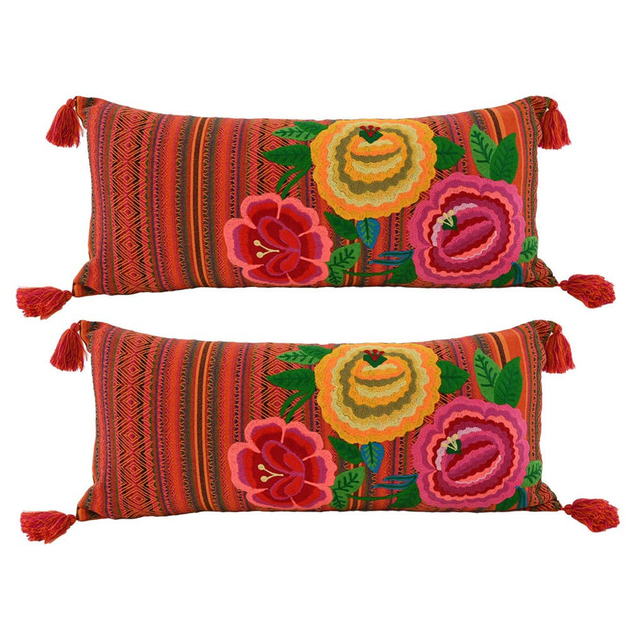 Embroidered Flowers & Stripes Pillow, 36"L