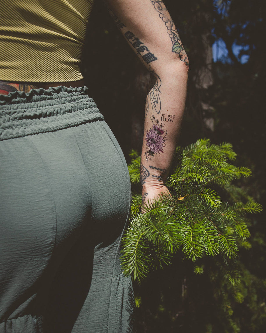 Tiny Intentions Be Here Now Dahlia Tattoo