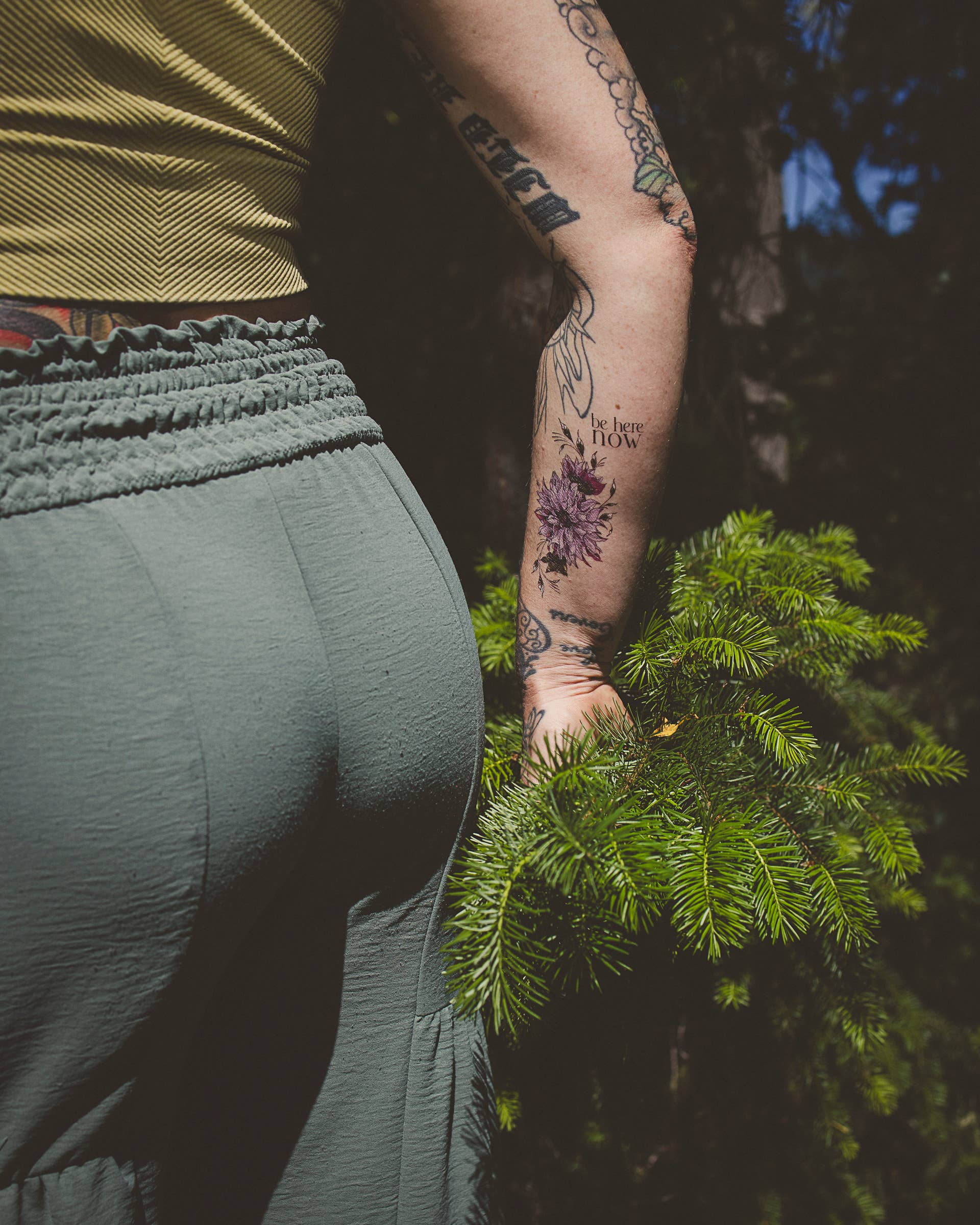 Tiny Intentions Be Here Now Dahlia Tattoo