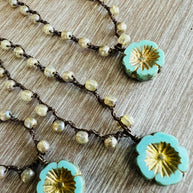 Golden Aqua Crystal Flower Crocheted Necklace
