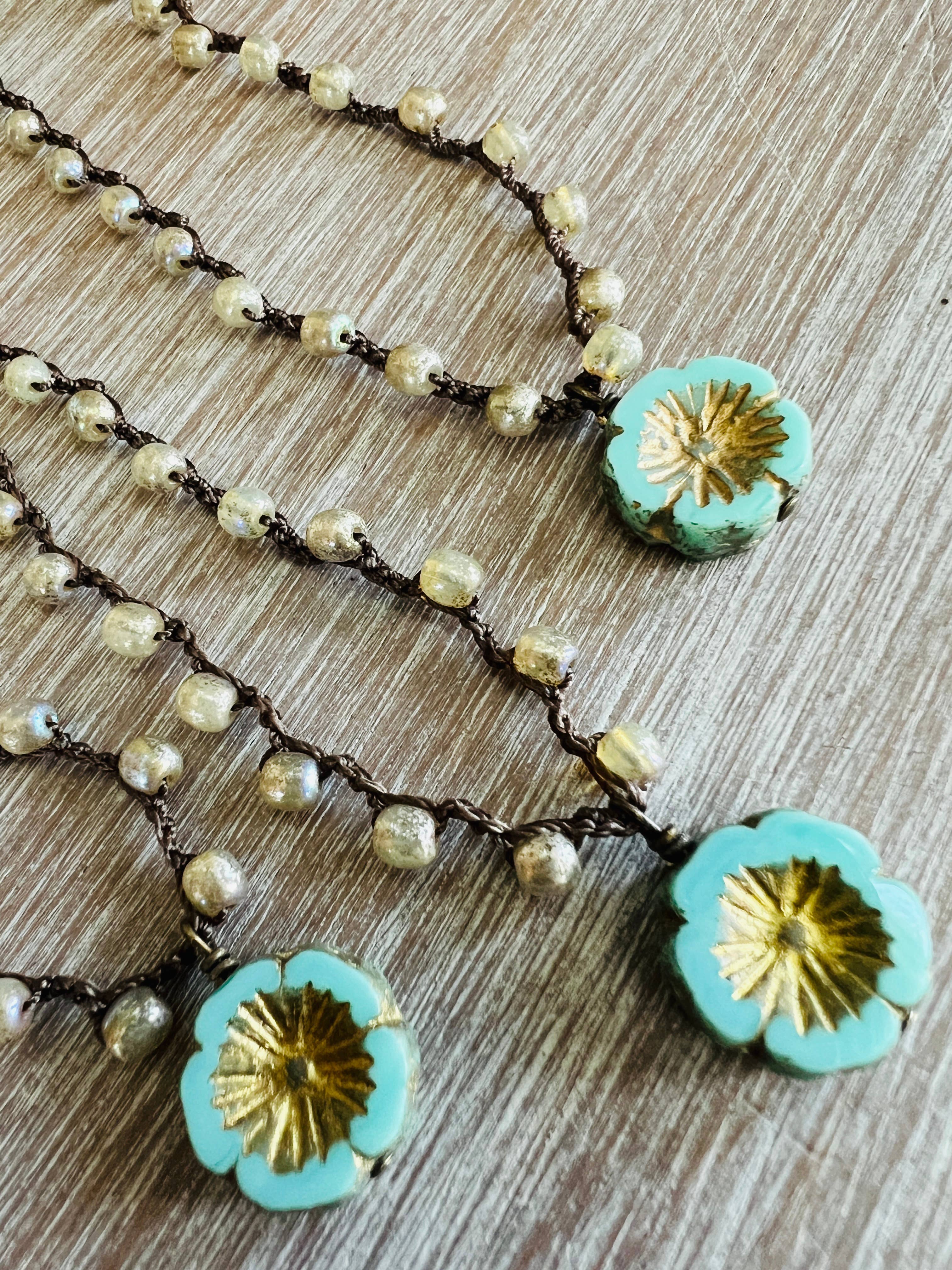Golden Aqua Crystal Flower Crocheted Necklace