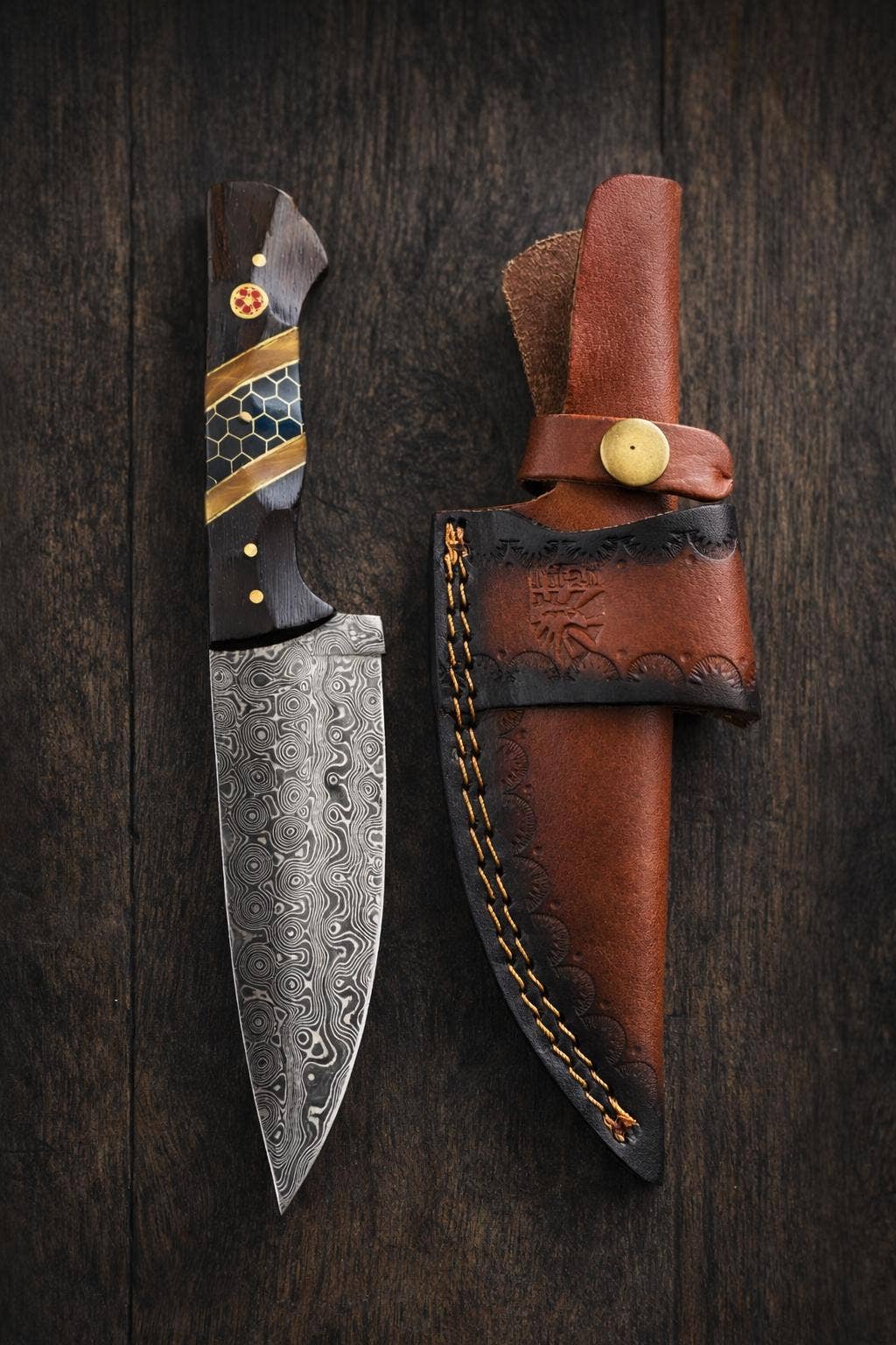 Damascus Steel Drop Point Knife | Diamond Wood, Black Honeycomb Resin Handle