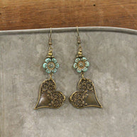 Czech & Bronze Mint Heart Charm Dangle Earrings