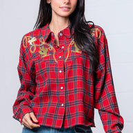 Red Western Plaid Shirt with Embroidery
