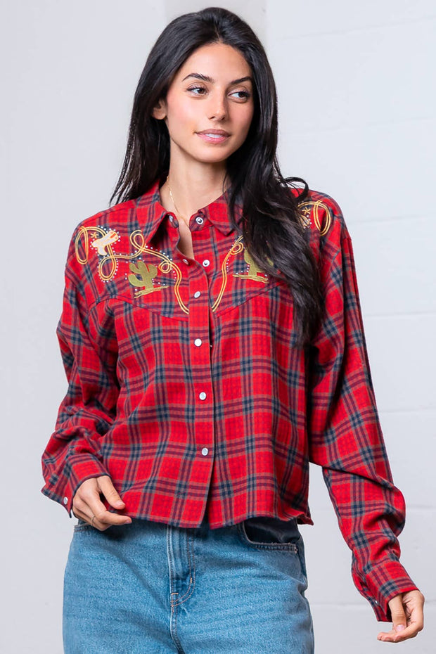 Red Western Plaid Shirt with Embroidery